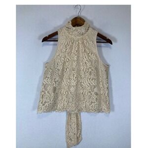 Romantic Boho Ryegrass Women M Cream Floral Lace Mock Neck Halter Top Back Tie